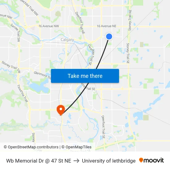 Wb Memorial Dr @ 47 St NE to University of lethbridge map
