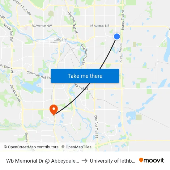 Wb Memorial Dr @ Abbeydale Dr NE to University of lethbridge map