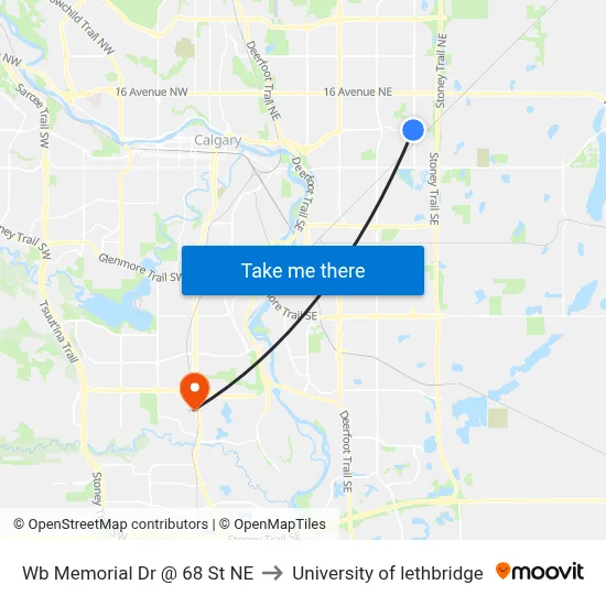 Wb Memorial Dr @ 68 St NE to University of lethbridge map