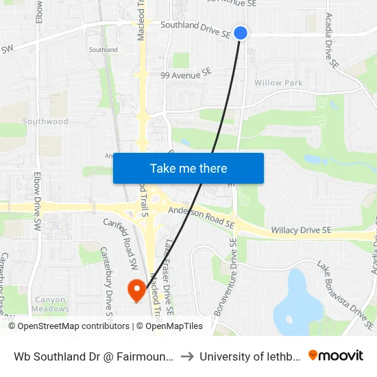 Wb Southland Dr @ Fairmount Dr SE to University of lethbridge map