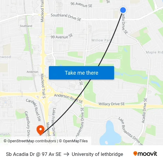 Sb Acadia Dr @ 97 Av SE to University of lethbridge map