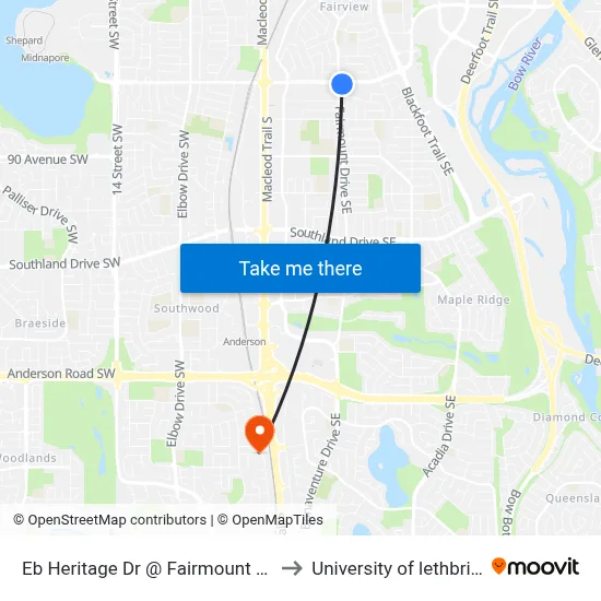 Eb Heritage Dr @ Fairmount Dr SE to University of lethbridge map
