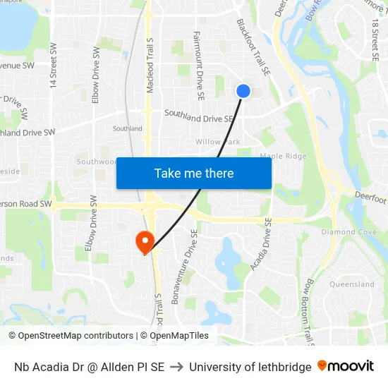 Nb Acadia Dr @ Allden Pl SE to University of lethbridge map