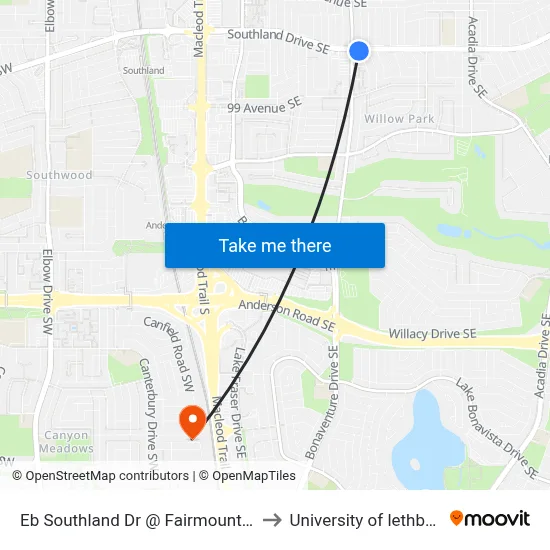 Eb Southland Dr @ Fairmount Dr SE to University of lethbridge map