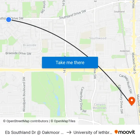 Eb Southland Dr @ Oakmoor Dr SW to University of lethbridge map