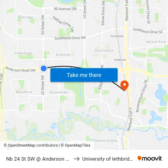 Nb 24 St SW @ Anderson Rd to University of lethbridge map