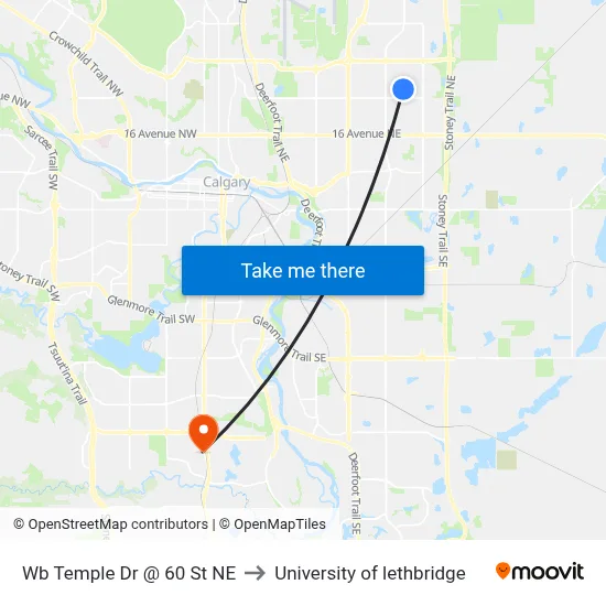 Wb Temple Dr @ 60 St NE to University of lethbridge map