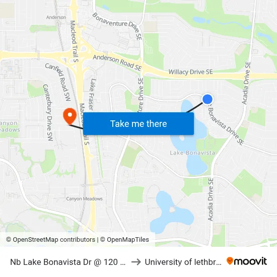 Nb Lake Bonavista Dr @ 120 Av SE to University of lethbridge map