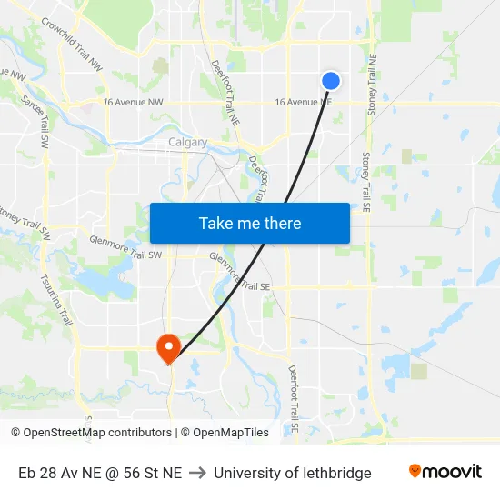 Eb 28 Av NE @ 56 St NE to University of lethbridge map