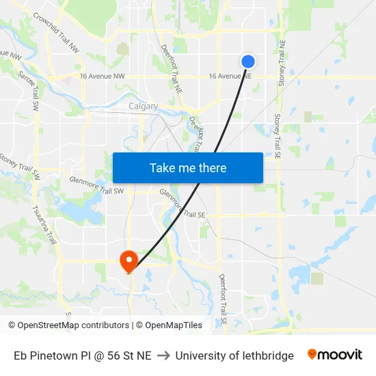 Eb Pinetown Pl @ 56 St NE to University of lethbridge map