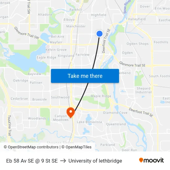 Eb 58 Av SE @ 9 St SE to University of lethbridge map