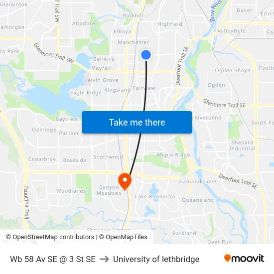 Wb 58 Av SE @ 3 St SE to University of lethbridge map