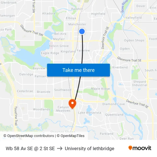 Wb 58 Av SE @ 2 St SE to University of lethbridge map