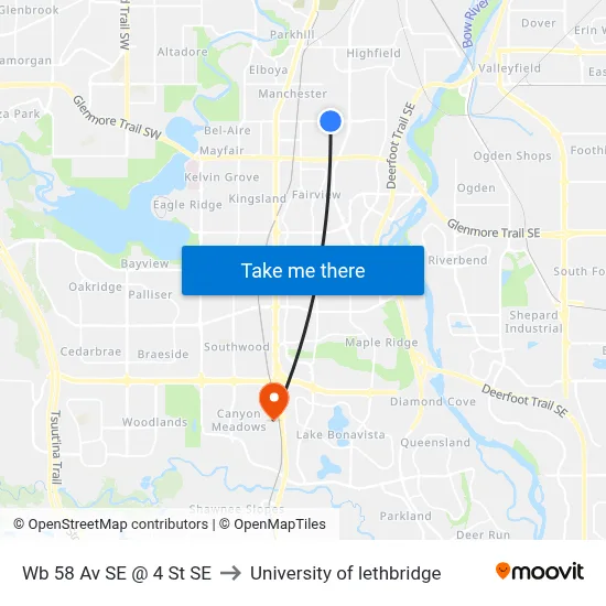 Wb 58 Av SE @ 4 St SE to University of lethbridge map