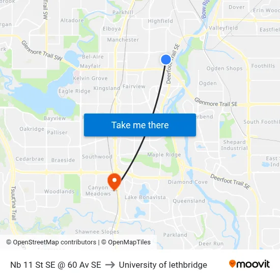 Nb 11 St SE @ 60 Av SE to University of lethbridge map
