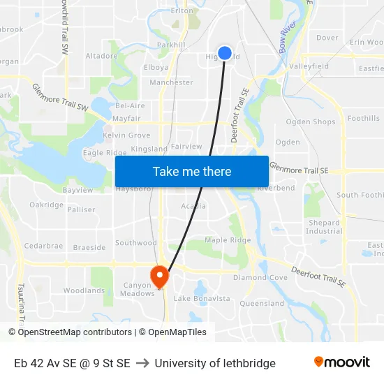 Eb 42 Av SE @ 9 St SE to University of lethbridge map
