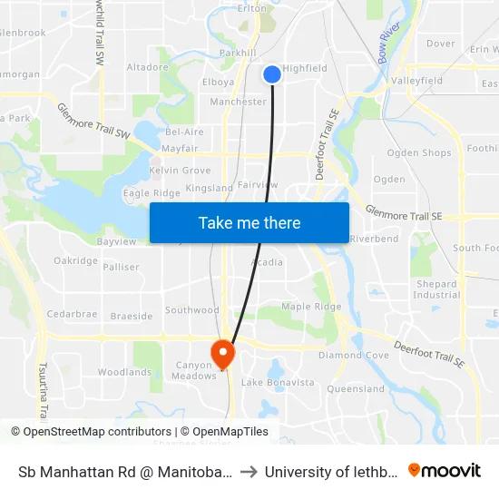 Sb Manhattan Rd @ Manitoba Rd SE to University of lethbridge map