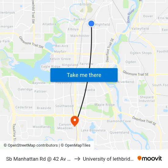 Sb Manhattan Rd @ 42 Av SE to University of lethbridge map