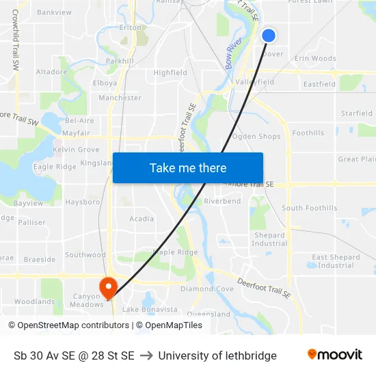 Sb 30 Av SE @ 28 St SE to University of lethbridge map