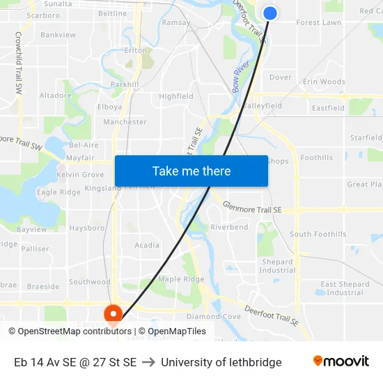 Eb 14 Av SE @ 27 St SE to University of lethbridge map