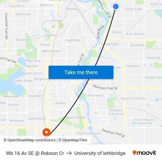 Wb 16 Av SE @ Robson Cr to University of lethbridge map