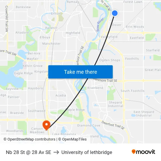 Nb 28 St @ 28 Av SE to University of lethbridge map