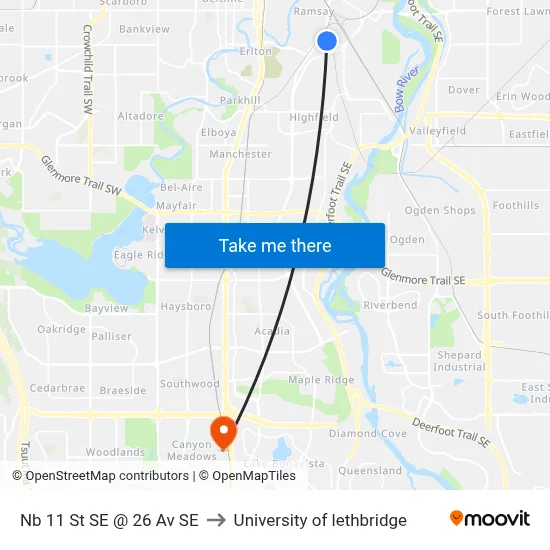 Nb 11 St SE @ 26 Av SE to University of lethbridge map