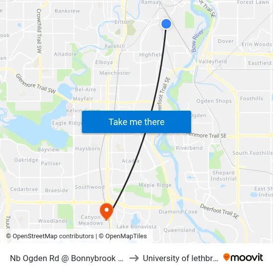 Nb Ogden Rd @ Bonnybrook Rd SE to University of lethbridge map