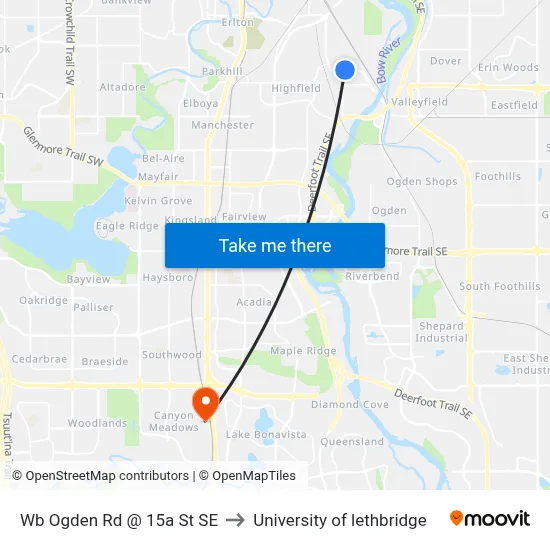 Wb Ogden Rd @ 15a St SE to University of lethbridge map