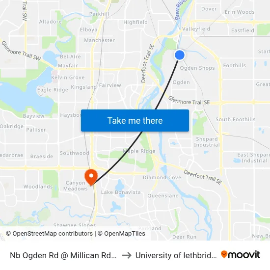 Nb Ogden Rd @ Millican Rd SE to University of lethbridge map