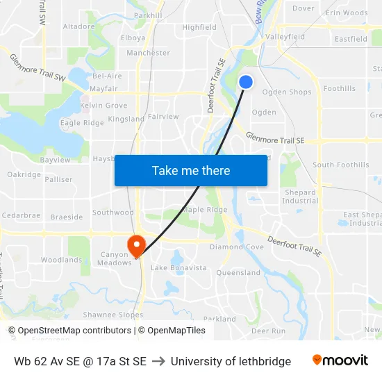 Wb 62 Av SE @ 17a St SE to University of lethbridge map