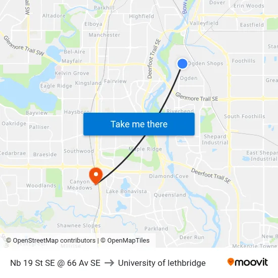Nb 19 St SE @ 66 Av SE to University of lethbridge map