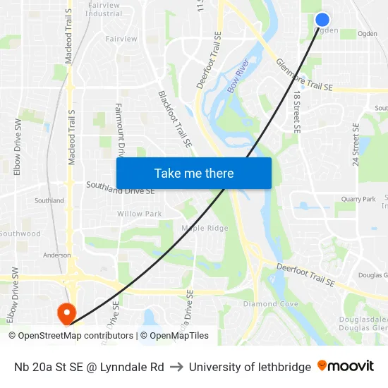 Nb 20a St SE @ Lynndale Rd to University of lethbridge map