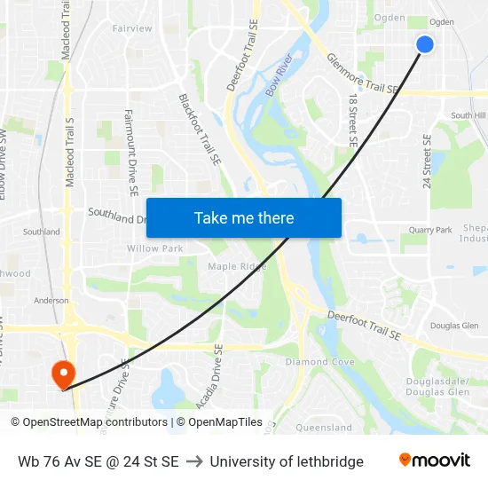 Wb 76 Av SE @ 24 St SE to University of lethbridge map