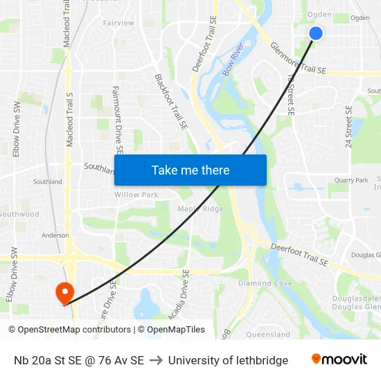 Nb 20a St SE @ 76 Av SE to University of lethbridge map