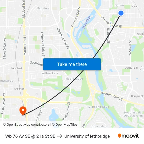 Wb 76 Av SE @ 21a St SE to University of lethbridge map