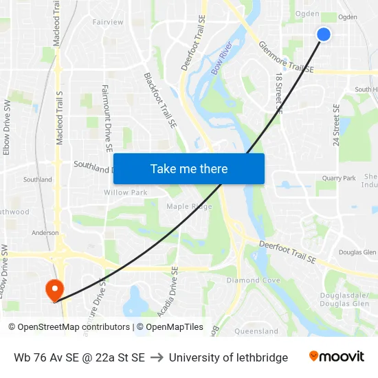 Wb 76 Av SE @ 22a St SE to University of lethbridge map