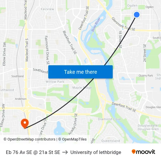 Eb 76 Av SE @ 21a St SE to University of lethbridge map