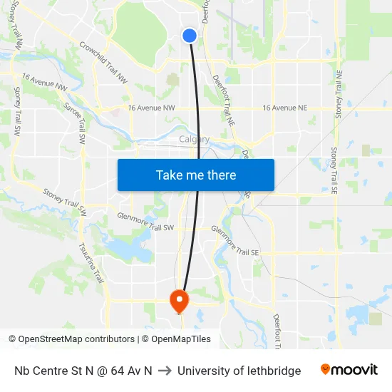 Nb Centre St N @ 64 Av N to University of lethbridge map