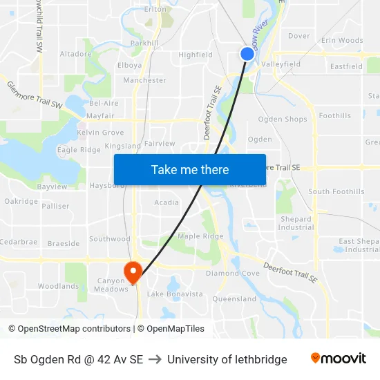 Sb Ogden Rd @ 42 Av SE to University of lethbridge map