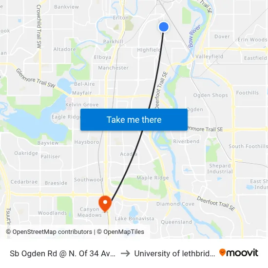 Sb Ogden Rd @ N. Of 34 Av SE to University of lethbridge map