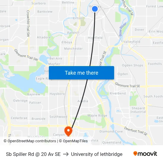 Sb Spiller Rd @ 20 Av SE to University of lethbridge map
