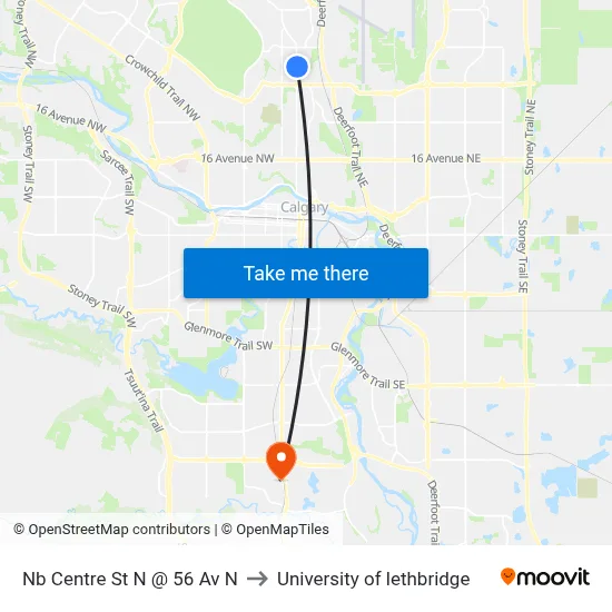 Nb Centre St N @ 56 Av N to University of lethbridge map
