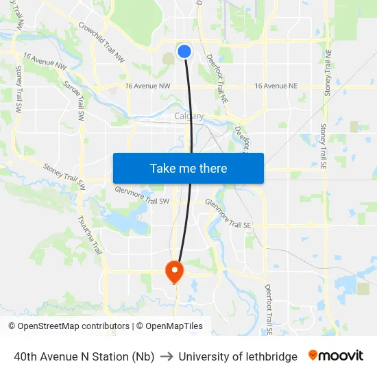 40th Avenue N Station (Nb) to University of lethbridge map