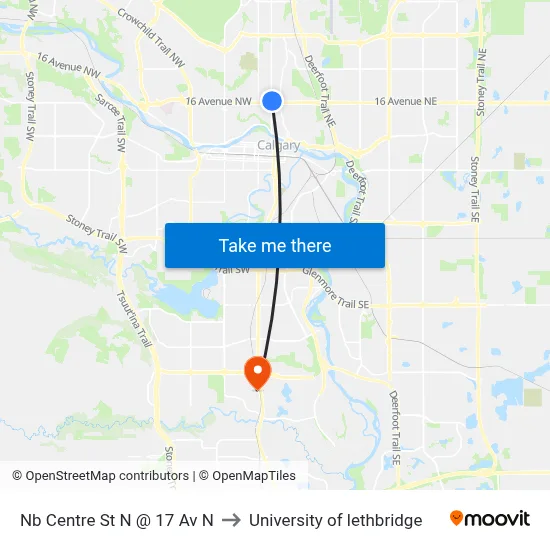 Nb Centre St N @ 17 Av N to University of lethbridge map