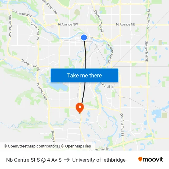 Nb Centre St S @ 4 Av S to University of lethbridge map