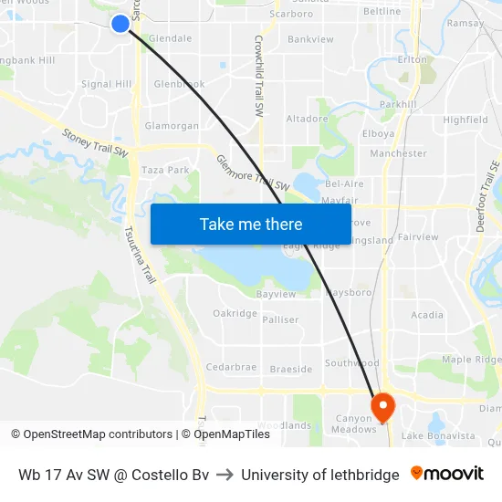 Wb 17 Av SW @ Costello Bv to University of lethbridge map