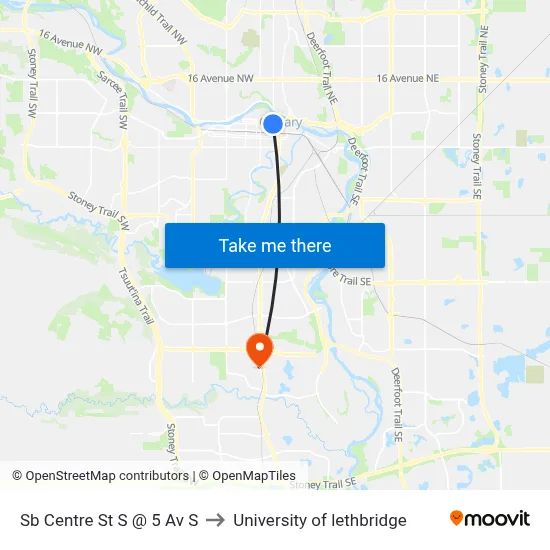 Sb Centre St S @ 5 Av S to University of lethbridge map