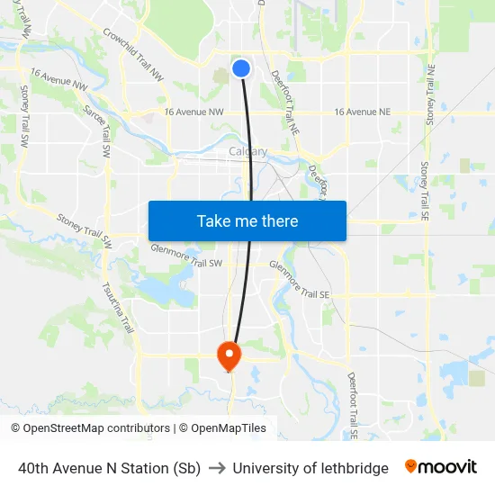 40th Avenue N Station (Sb) to University of lethbridge map