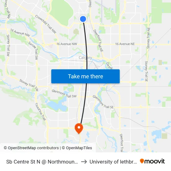 Sb Centre St N @ Northmount Dr N to University of lethbridge map